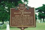 Historical marker commemorating William Hensinger and John R. Portell, located in a cemetery.
