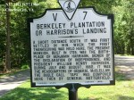 Historical marker for Berkeley Plantation, also known as Harrison's Landing, detailing its significance and history.